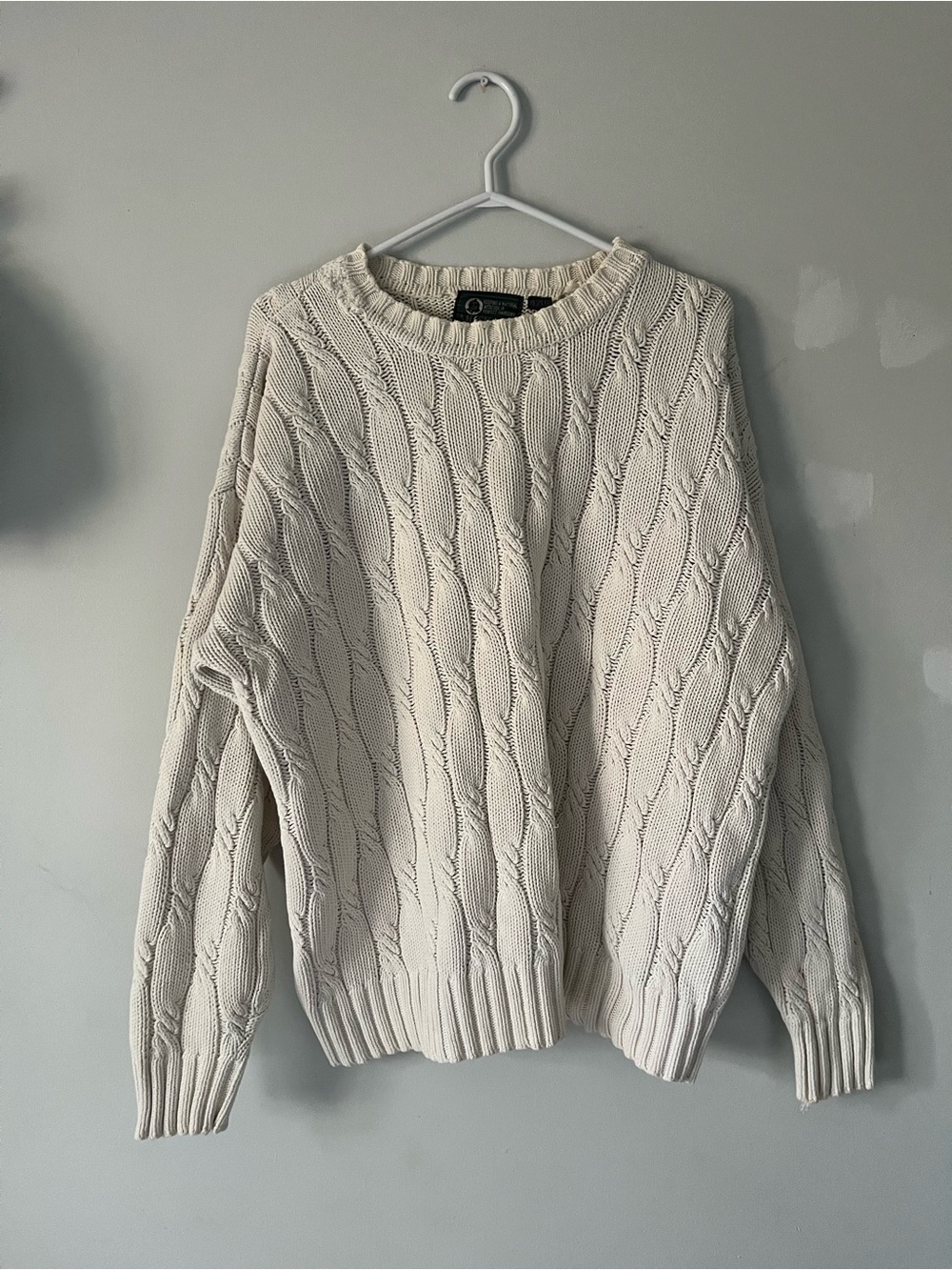 vintage Cable Knit Crewneck Sweater in Cream XL old money preppy country club